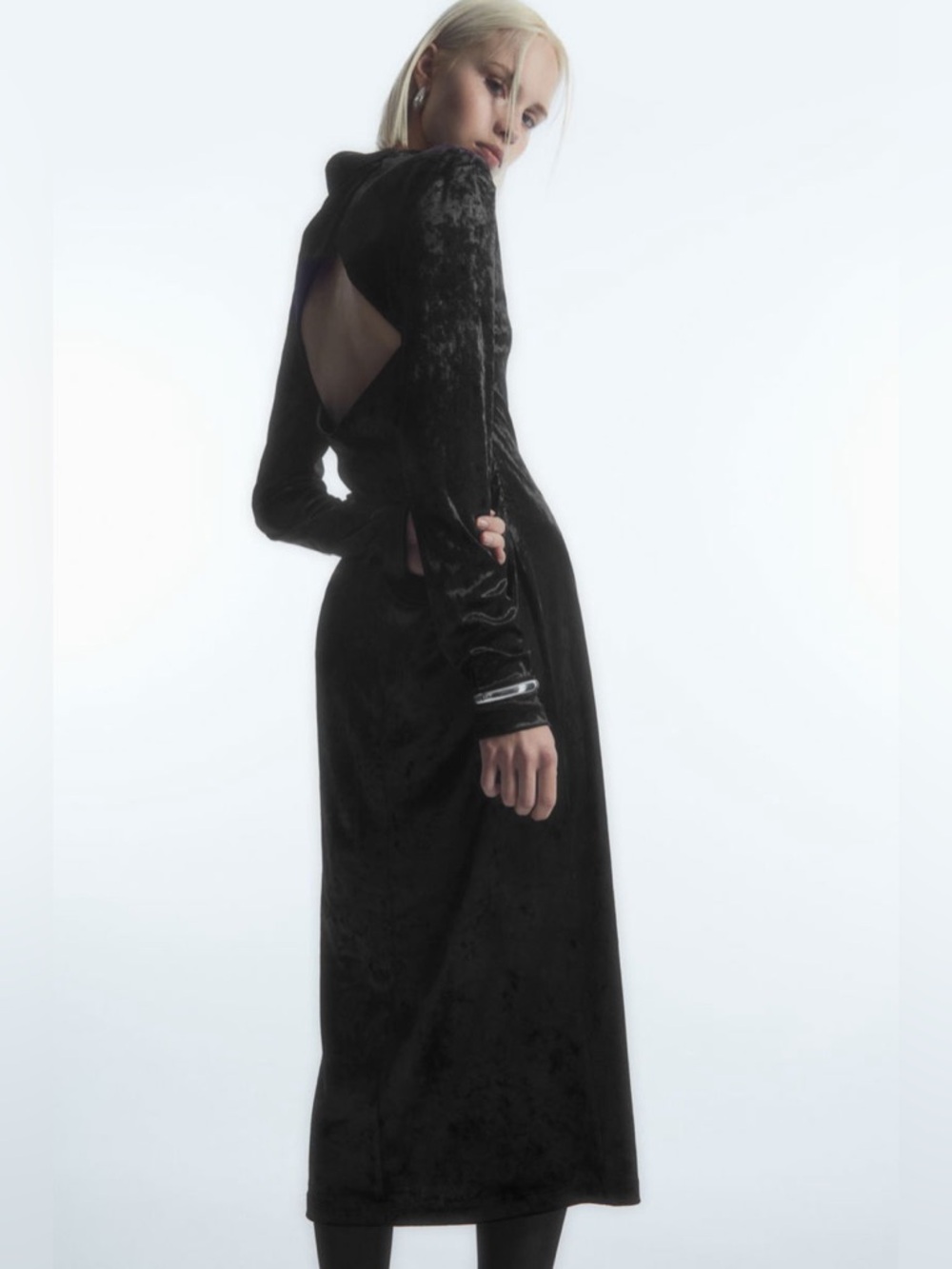 NWT COS Open Back Velvet Long Sleeve Black Midi Dress Women’s Small